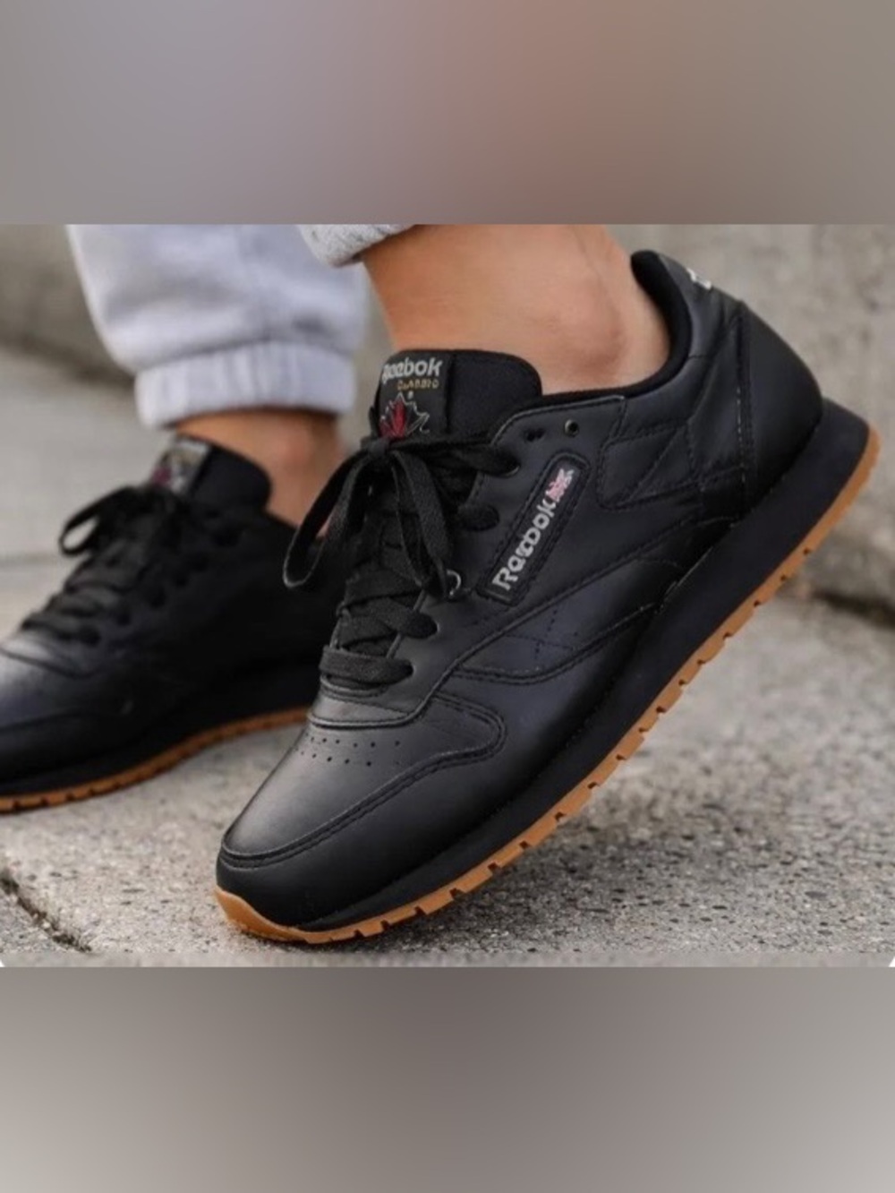 Reebok Woman’s Black Leather Sneakers with Gum Outsole